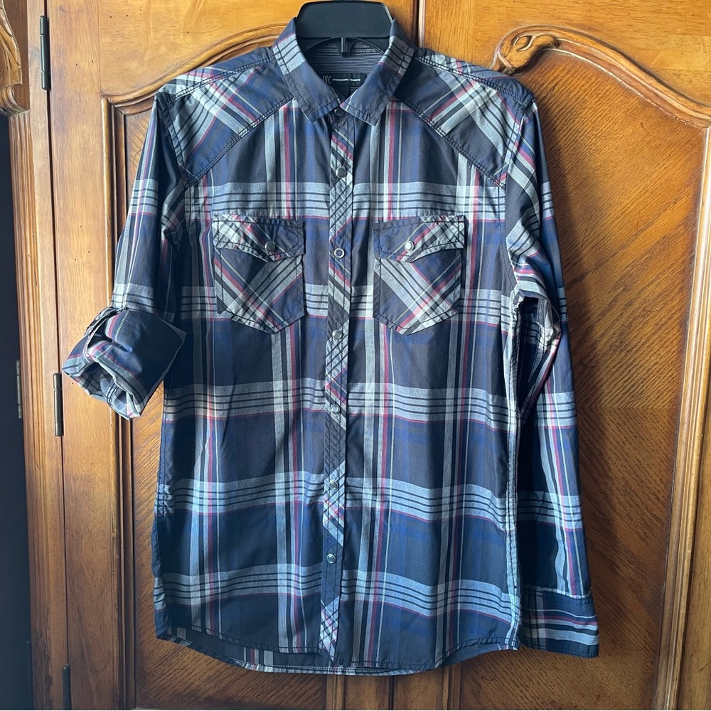 INC International Concepts Men's Navy and Burgundy Plaid Shirt